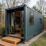 The Horizon container home with folding glass doors opening to a gravel patio