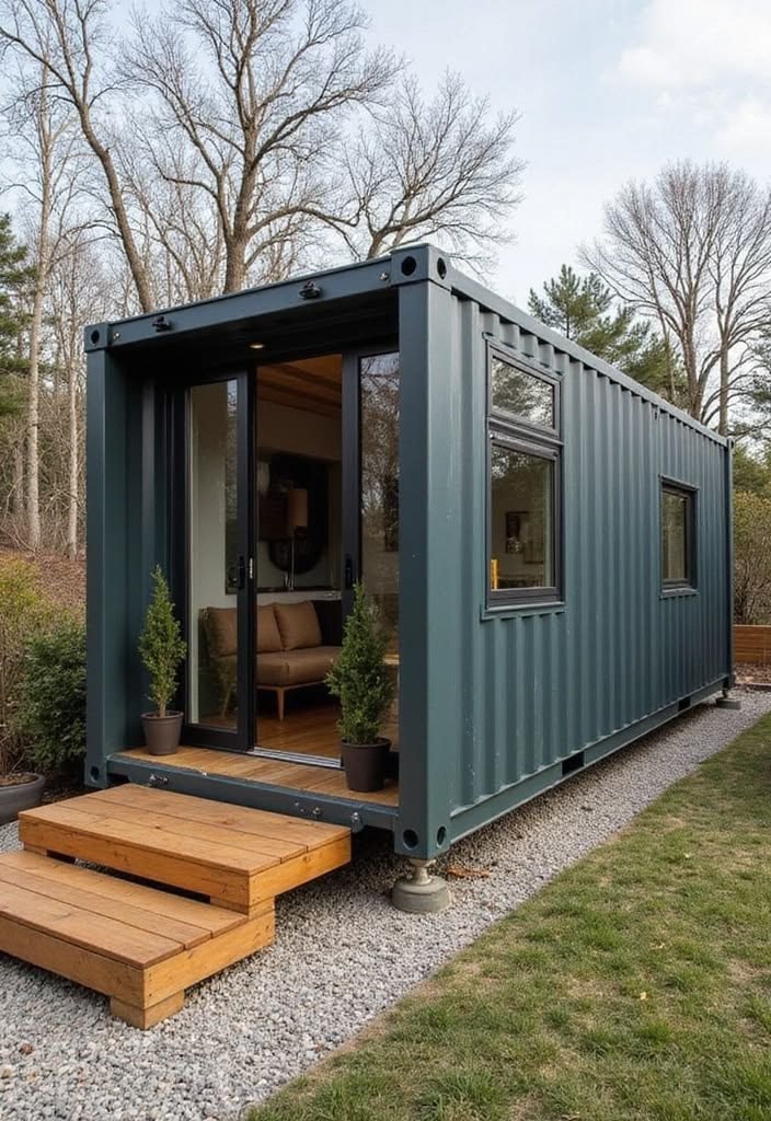 The Horizon container home with folding glass doors opening to a gravel patio