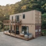 The Meridian two-story stacked container home with a wraparound deck in a forest setting