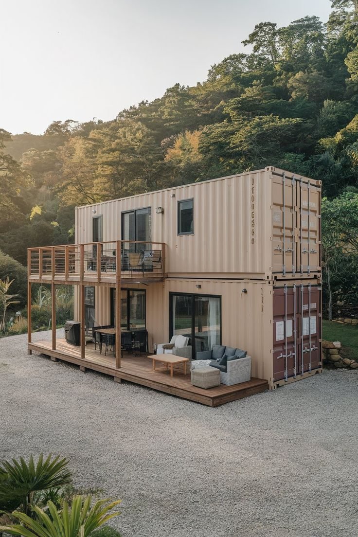 The Meridian two-story stacked container home with a wraparound deck in a forest setting