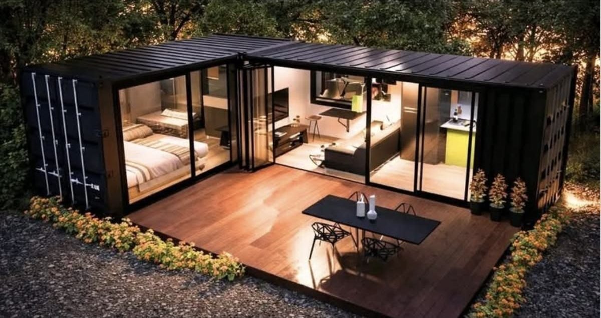 The Ridge container home at night, an L-shaped layout with lit interiors and a wraparound deck